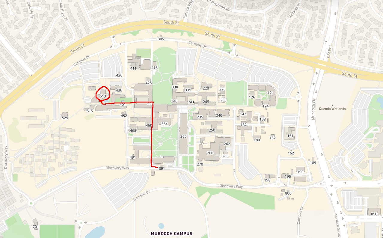 Directions from the bus stop to building 513; Head north from the bus stop until you reach Bush Court, then head west just past the Chinese garden, and enter the building to the north.